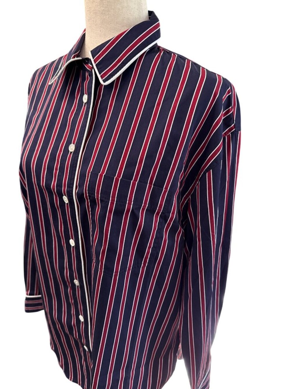 Madewell Long Button-Up Shirt in Stripe Poplin~Size M~Red Navy Stripe NWT L10 27 - Picture 4 of 10